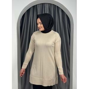 Önü Çizgili Kol Detaylı Merserize Tunik 3189 - Bej - TEK BEDEN - AZRA05423-45457