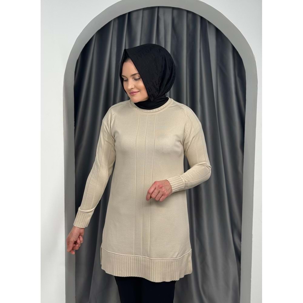 Önü Çizgili Kol Detaylı Merserize Tunik 3189 - Bej - TEK BEDEN - AZRA05423-45457