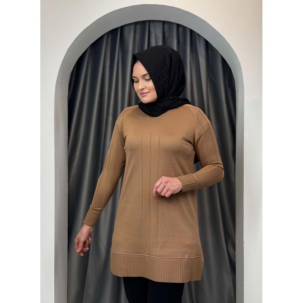 Önü Çizgili Kol Detaylı Merserize Tunik 3189 - Sütlü Kahve - TEK BEDEN - AZRA05423-45463