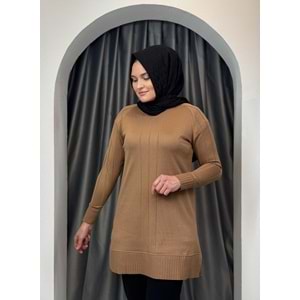 Önü Çizgili Kol Detaylı Merserize Tunik 3189 - Sütlü Kahve - TEK BEDEN - AZRA05423-45463