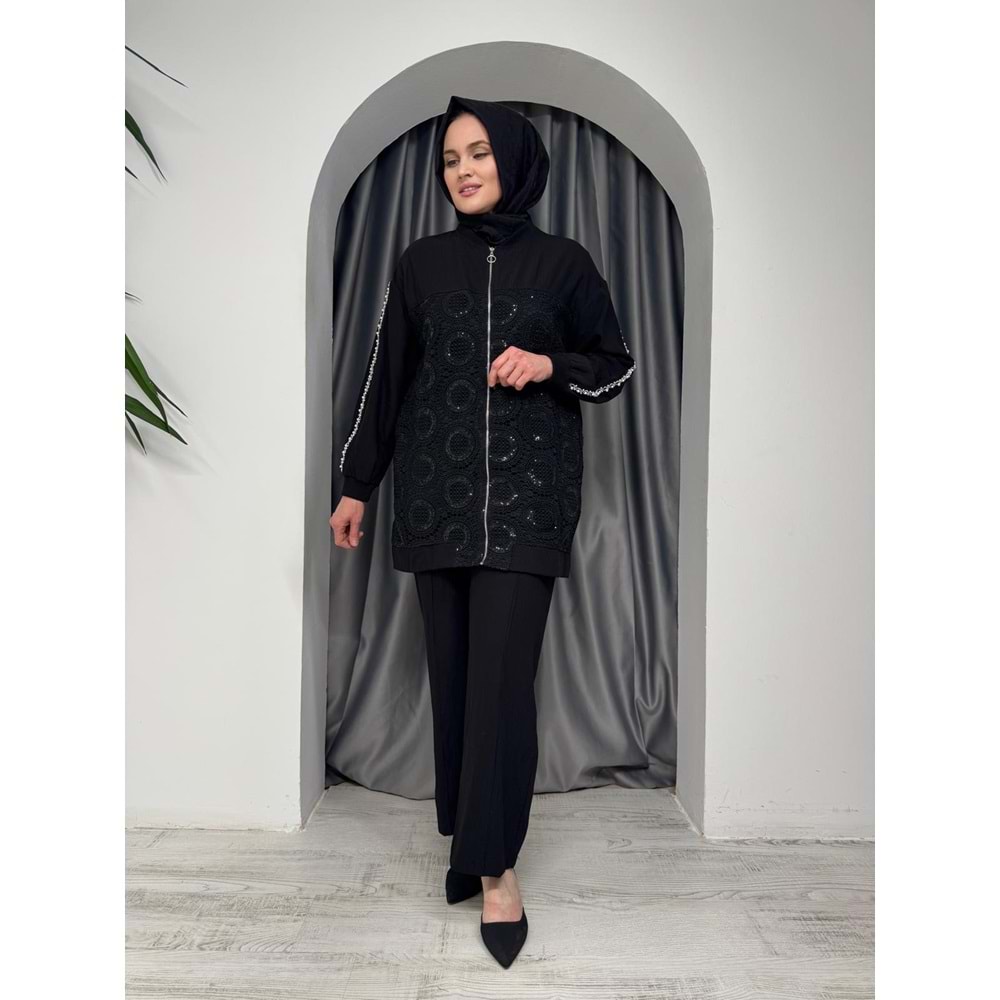 Önü Dantel Kolları Boncuk Detaylı Takım 120128 - Siyah - 36 - AZRA05475-45925