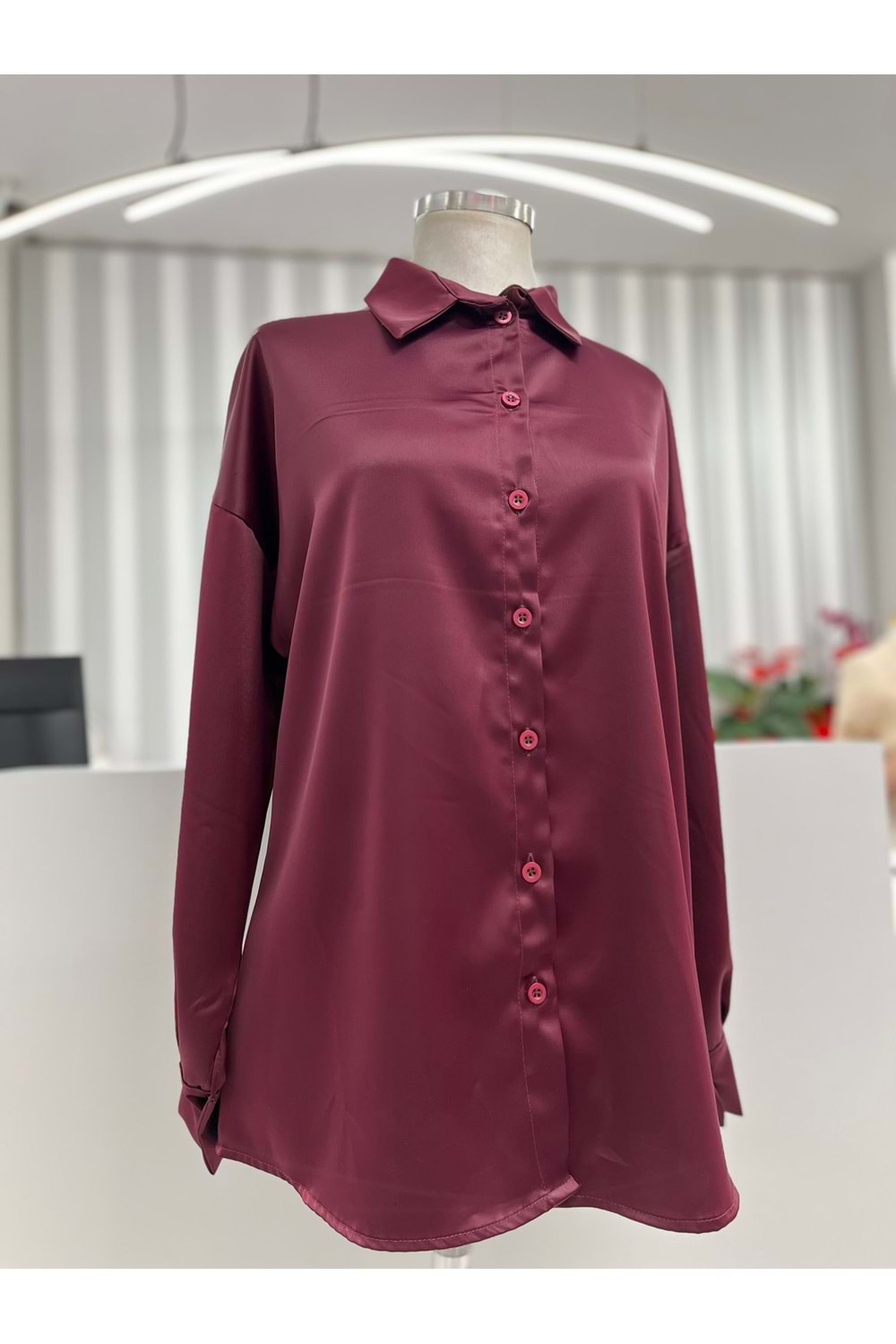 Basic Saten Gömlek 32492 - Bordo - TEK BEDEN - AZRA05590-46336