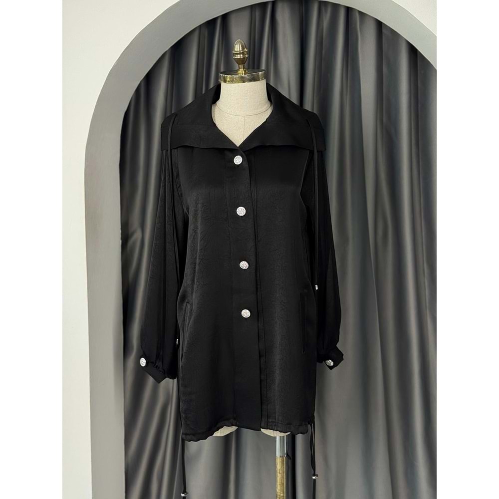 Saten Parlak Düğmeli Kap 3252 - Siyah - L-XL - AZRA05703-46977