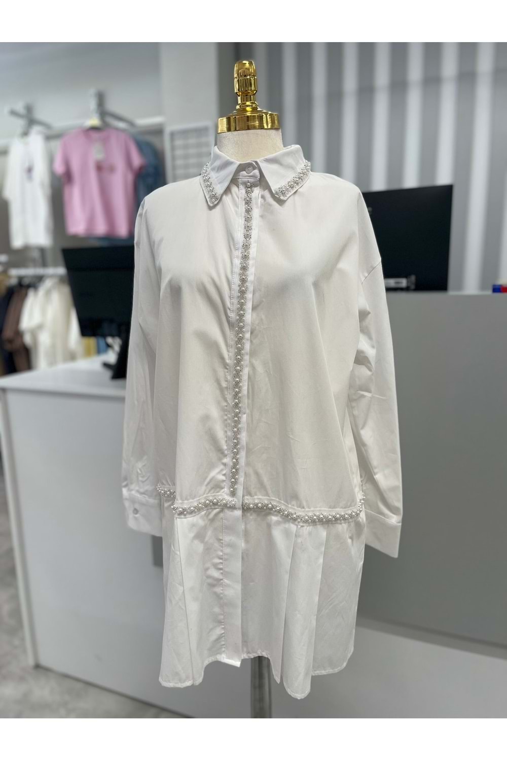 Boncuk Detaylı Gömlek 170177 - Beyaz - 42 - AZRA05721-47174