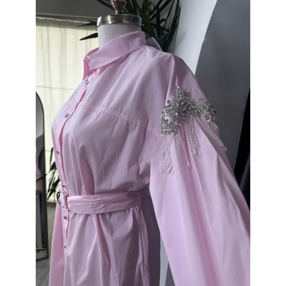 Kolları Taşlı Beli Kemerli Gömlek 170171 - Pembe - TEK BEDEN - AZRA05723-47207