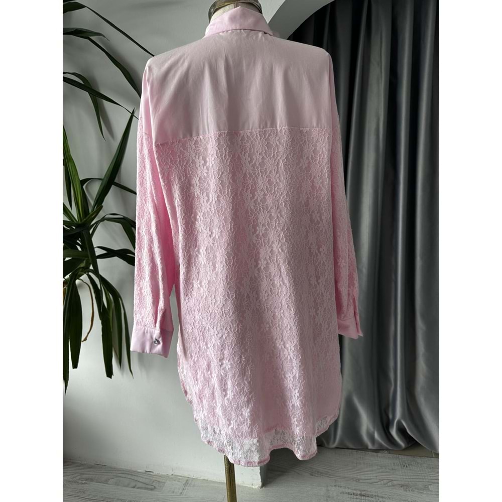 Yıldız Taşlı Kolları Güpürlü Gömlek 170179 - Pembe - TEK BEDEN - AZRA05739-47303