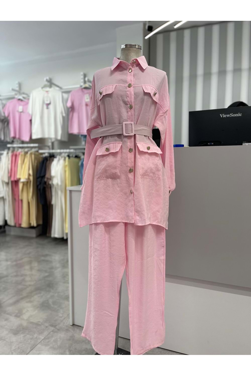 Düğme Detaylı Kemerli Takım 4890 - Pembe - L - AZRA05746-47358