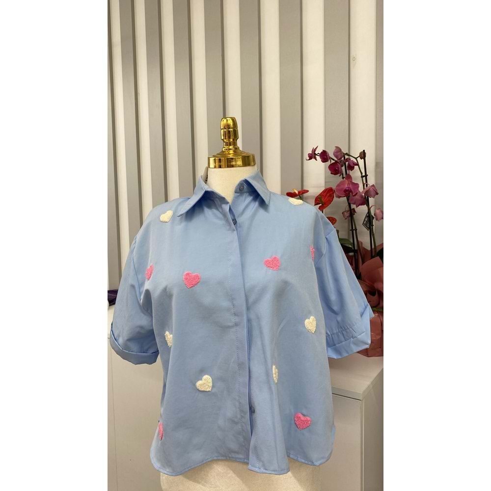 Kalp Nakışlı Gömlek 2105 - Mavi - TEK BEDEN - AZRA05770-47552