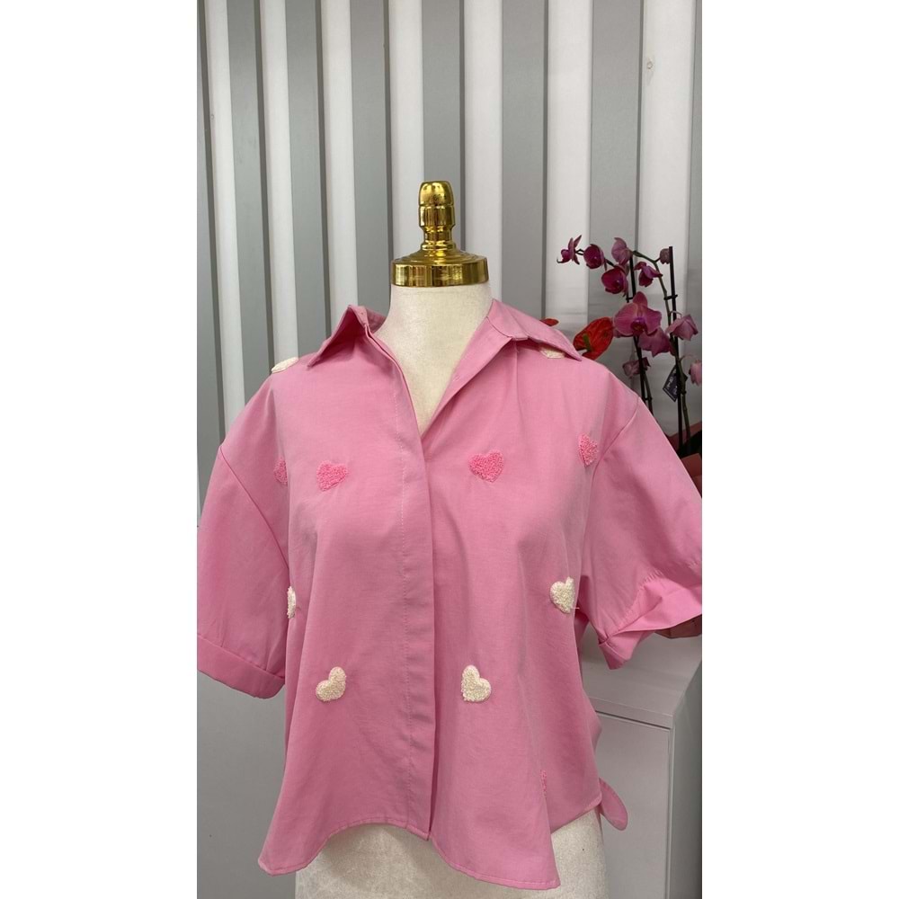 Kalp Nakışlı Gömlek 2105 - Pembe - TEK BEDEN - AZRA05770-47553