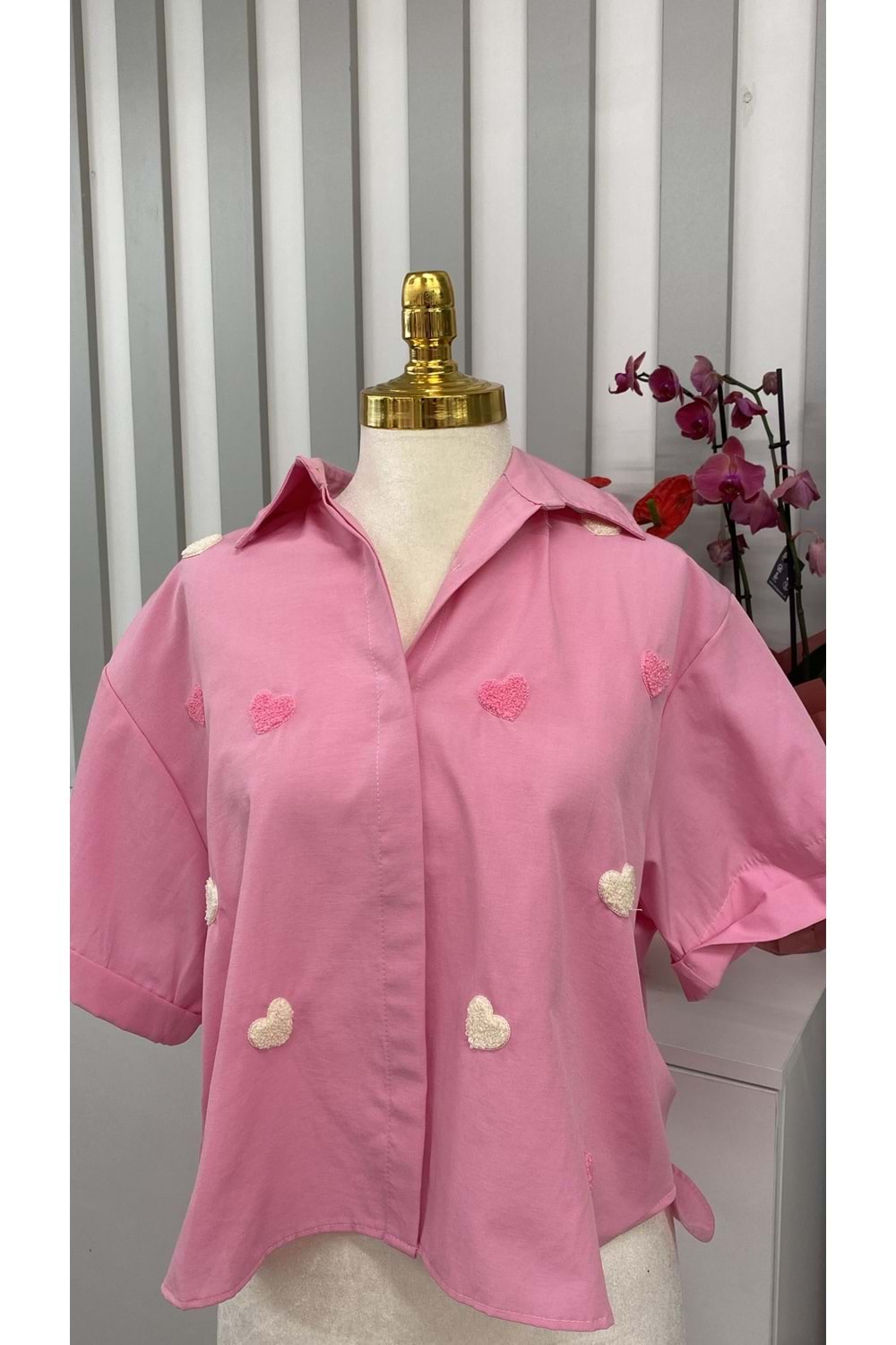 Kalp Nakışlı Gömlek 2105 - Pembe - TEK BEDEN - AZRA05770-47553