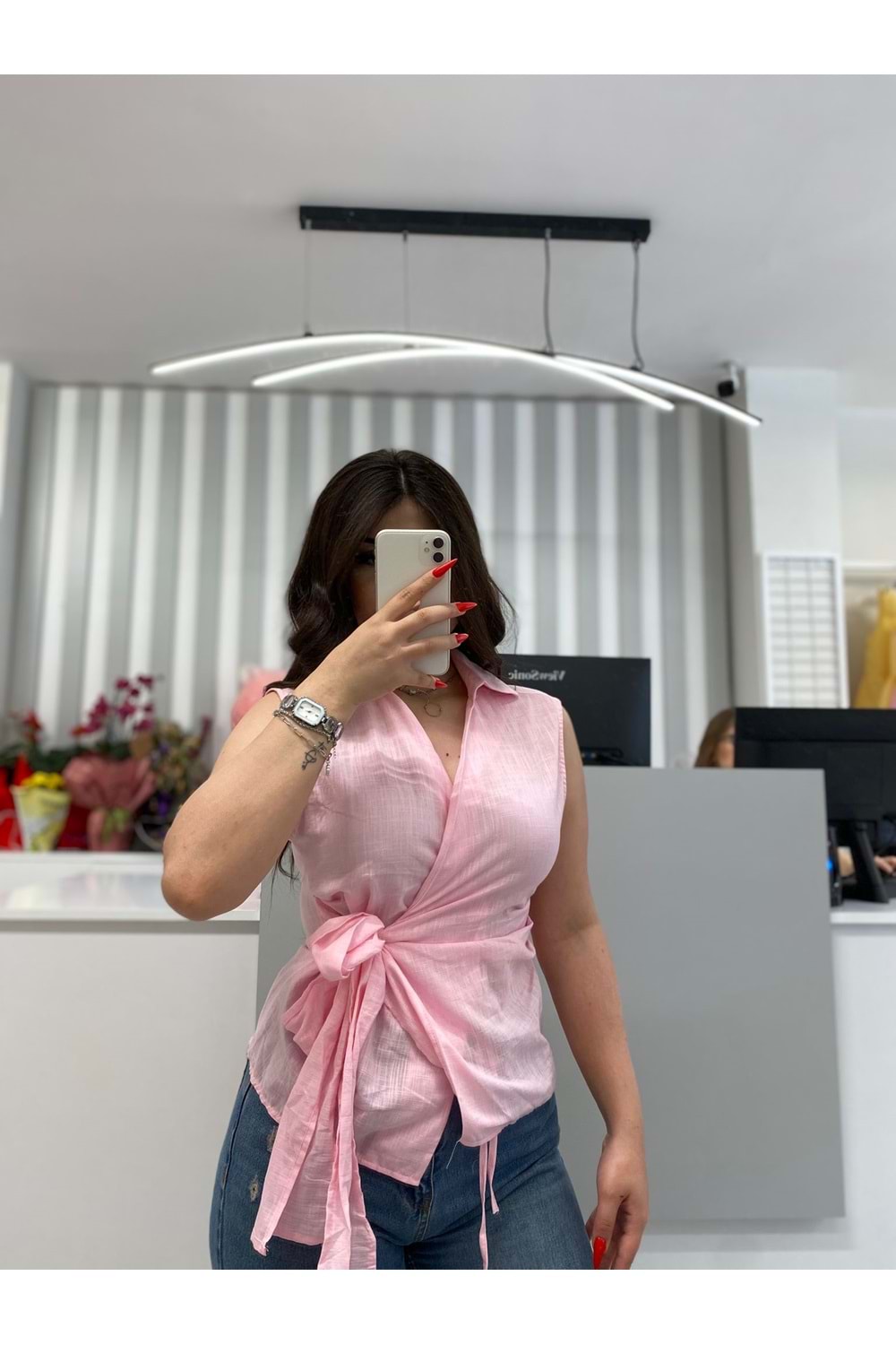 Bağlamalı Keten Kumaş Gömlek 10111 - Pembe - S - AZRA05850-48274