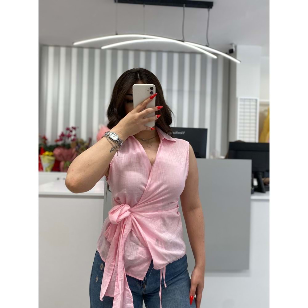 Bağlamalı Keten Kumaş Gömlek 10111 - Pembe - M - AZRA05850-48275