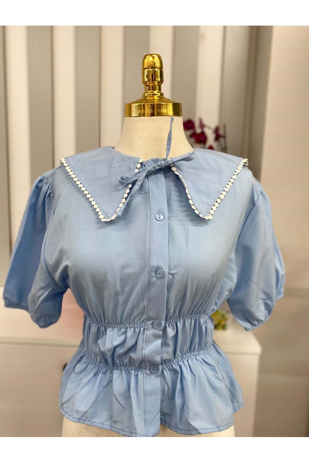 Beli Büzgülü Bebe Yaka Gömlek 244 - Mavi - L