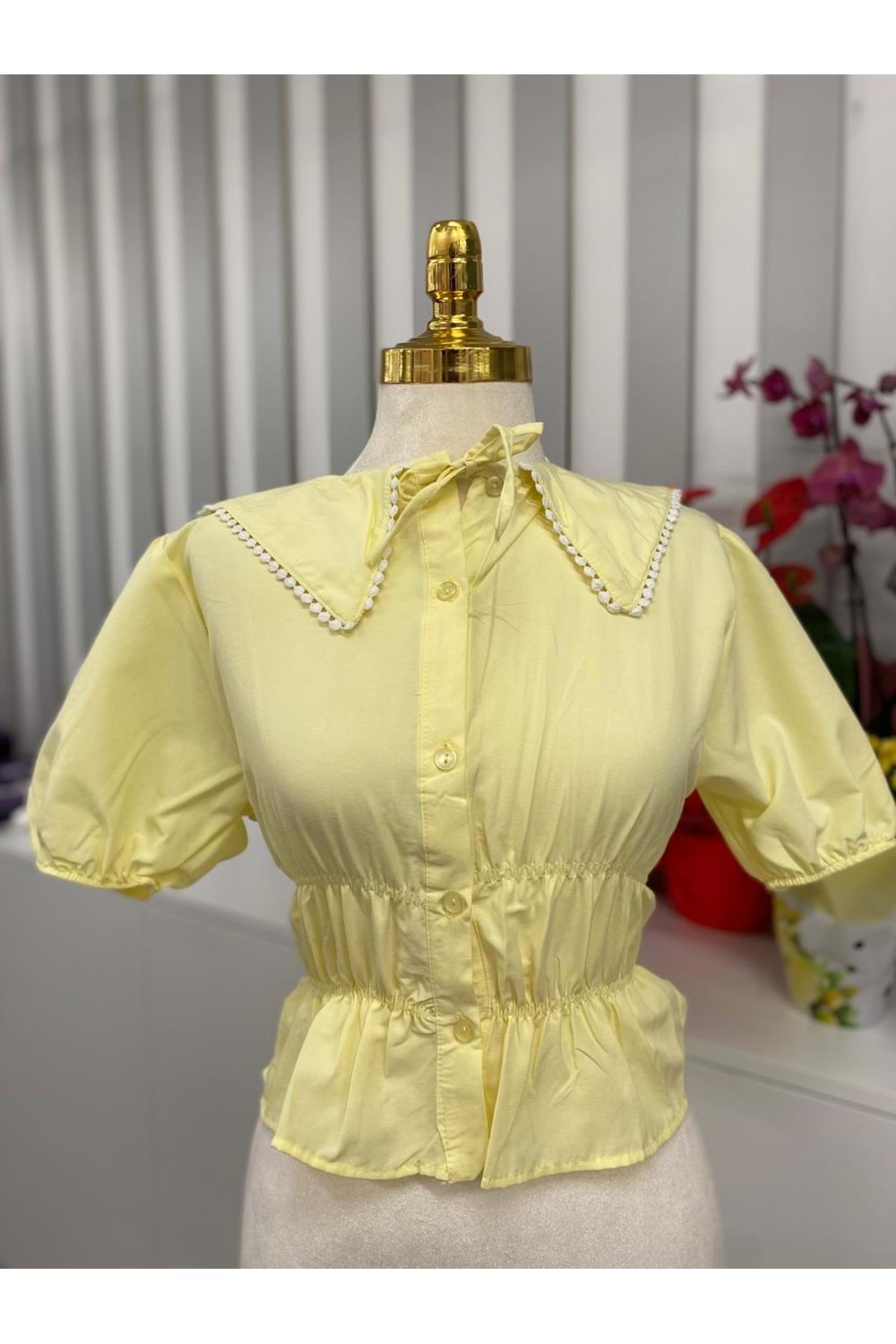 Beli Büzgülü Bebe Yaka Gömlek 244 - Sarı - L