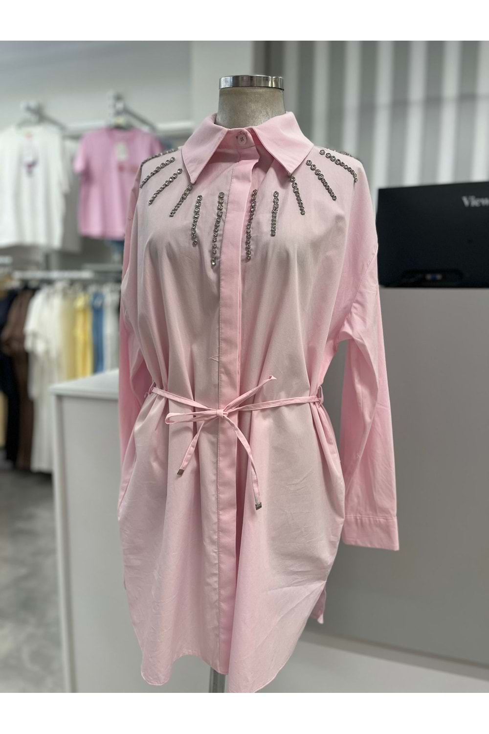 Göğüs Taş Detaylı Gömlek 17095 - Pembe - 38