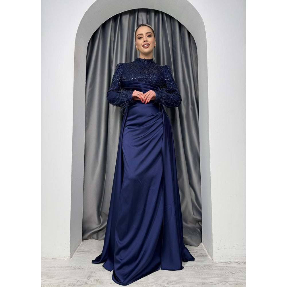 Kolları Boncuk Detaylı Saten Abiye Elbise 4652 - Lacivert - 40