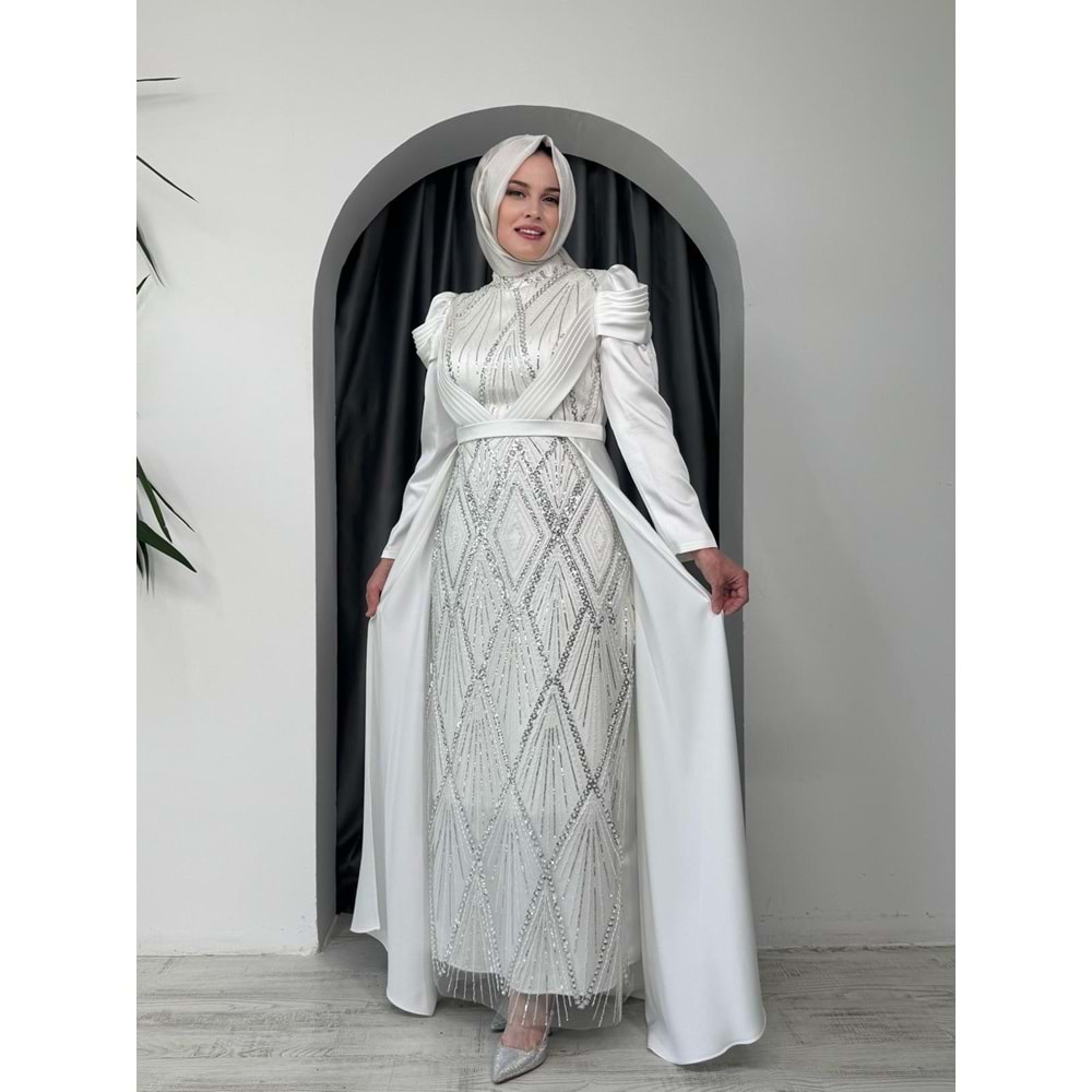 Kolları Önü Detaylı Abiye Elbise 4779 - Ekru - 40