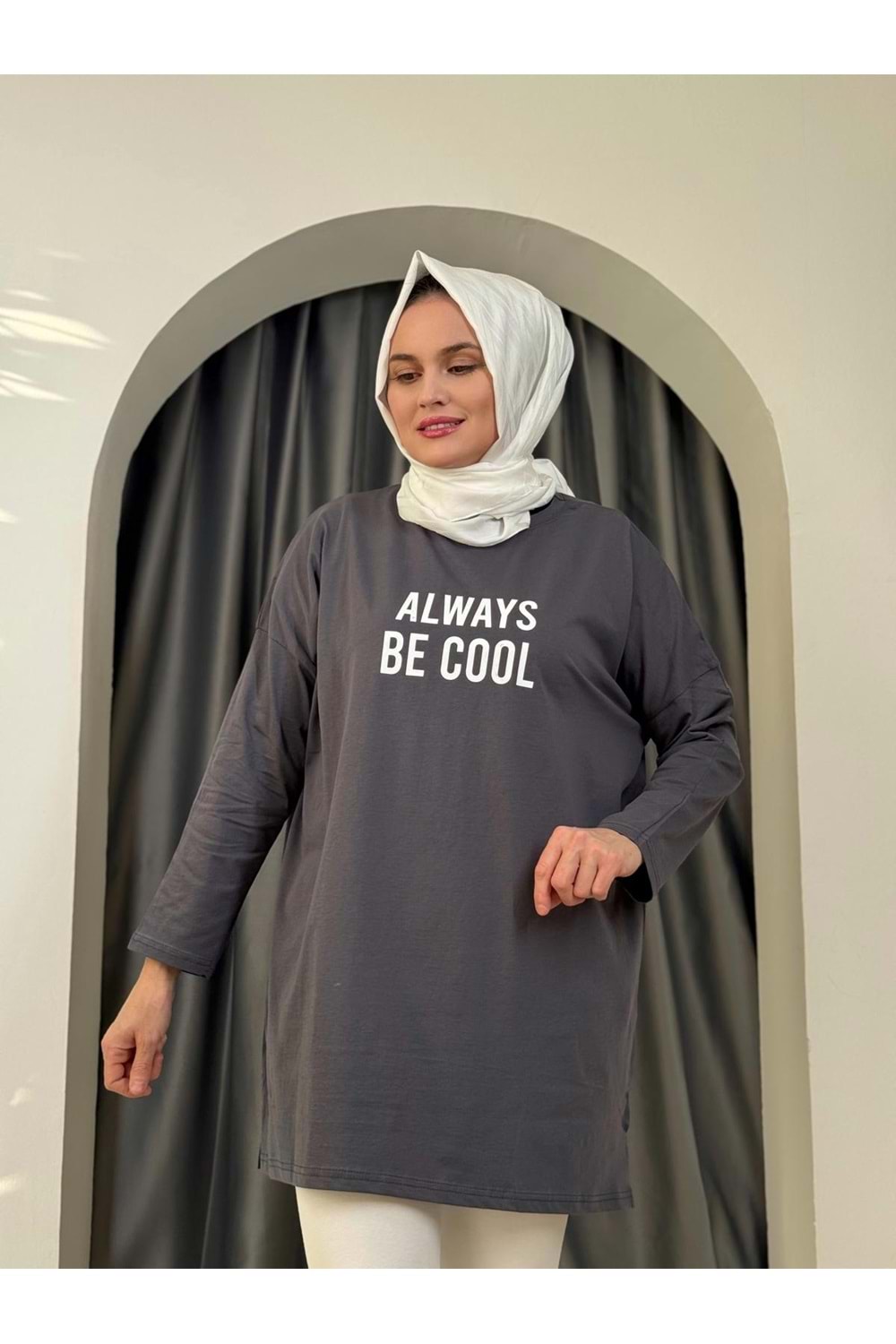 Always Baskılı Tunik 2356 - Füme - TEK BEDEN