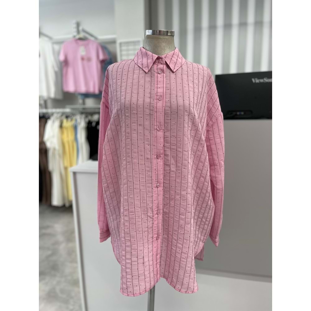 Çizgili Gömlek 16641 - azra fashion - Pembe - TEK BEDEN