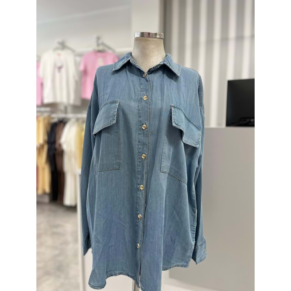 Oversize Tensel Gömlek - azra fashion - Mavi - TEK BEDEN