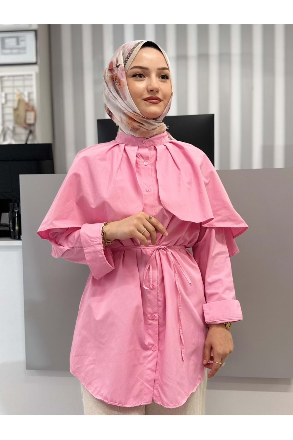 Poplin Pelerinli Bağçıklı Gömlek 782 - azra fashion - Pembe - L-XL