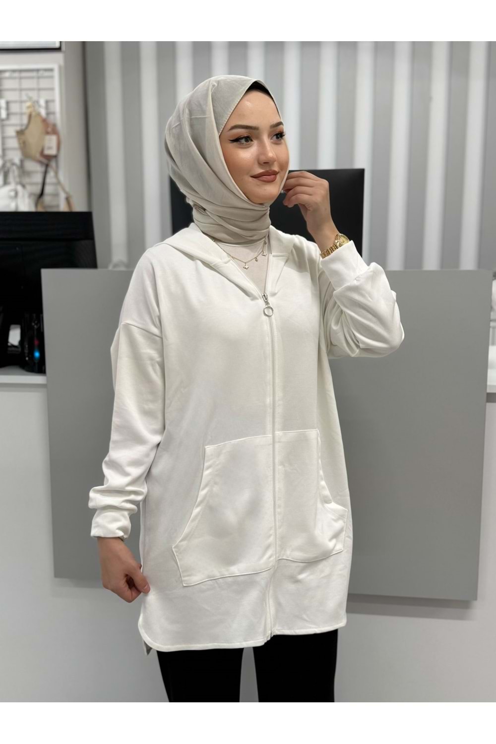 Cepli Kapşonlu Tunik 26129 - Ekru - S-M