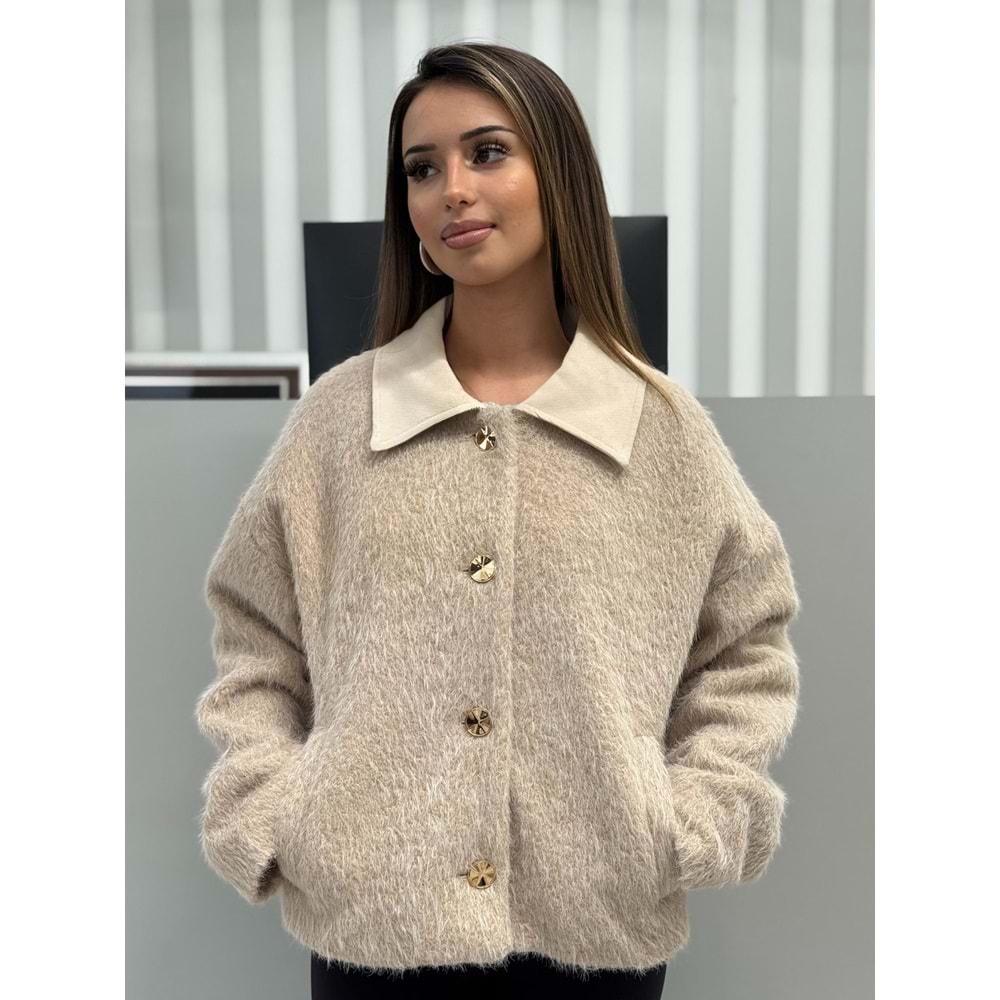 Kadife Yakalı Kürk Ceket 5393 - Kum - M - AZRA06840-55473