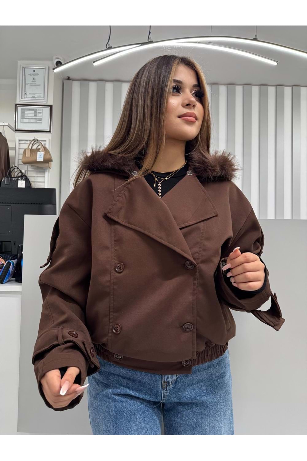 Estonya Kürklü Ceket 2052 - Acı Kahve - 40