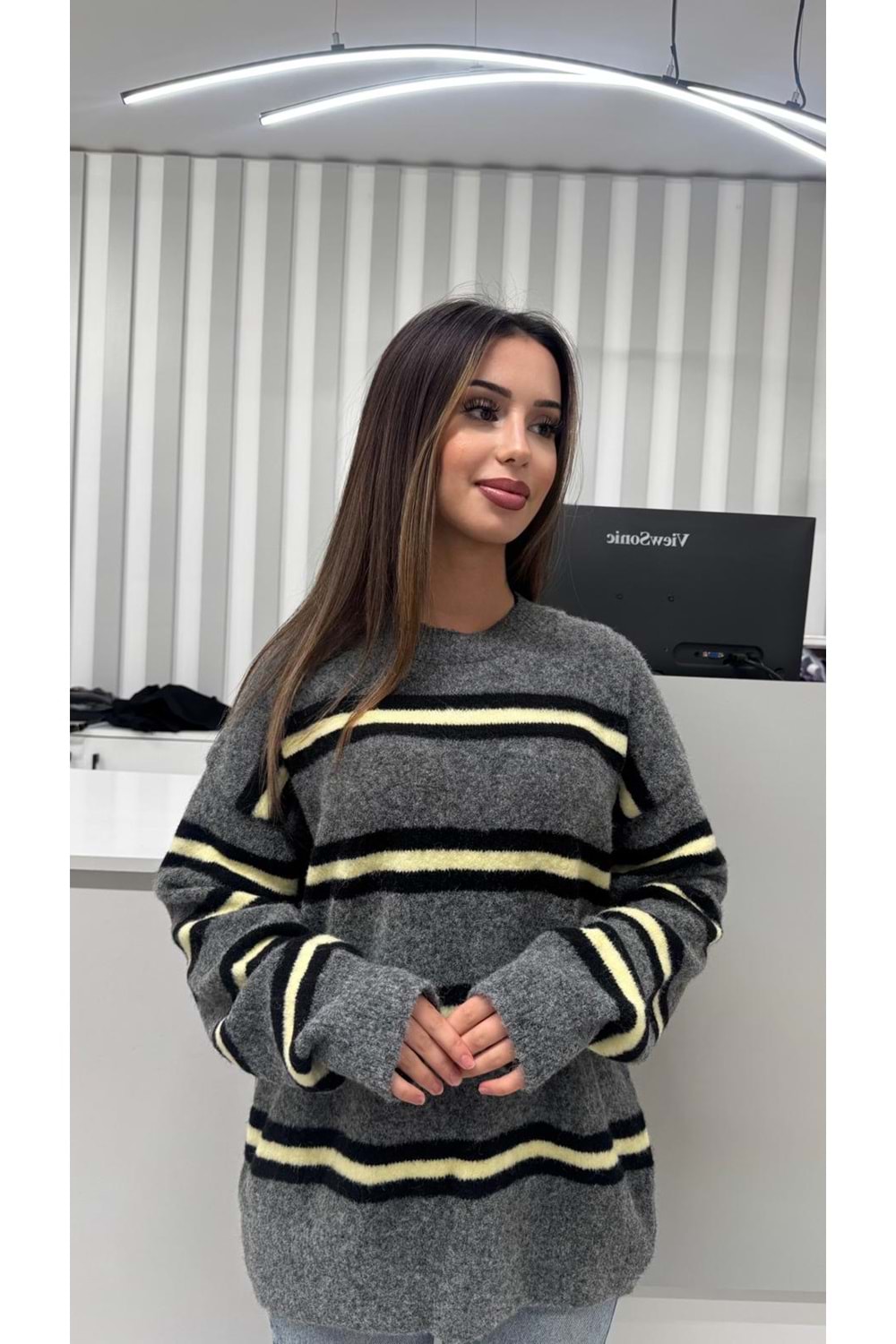 Renkli Çizgili Triko 2516 - Füme - TEK BEDEN - AZRA07054-56647