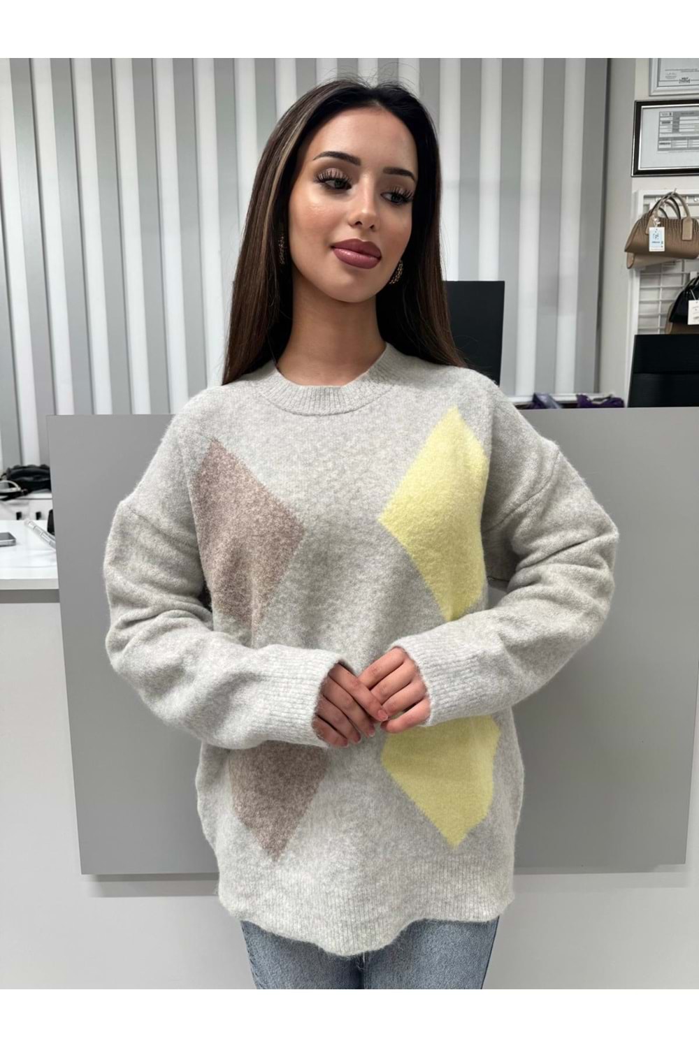 Baklava Desenli Luciana Triko 2468 - Gri - TEK BEDEN - AZRA07058-56658