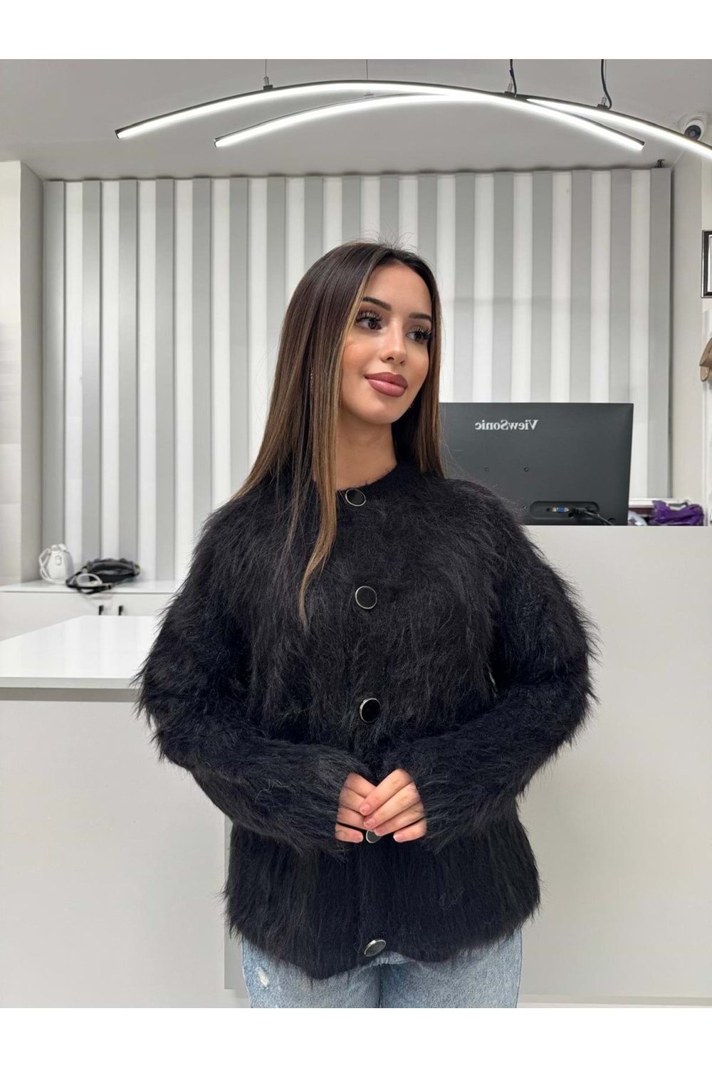 Düğmeli Yün Hırka 1414 - Siyah - TEK BEDEN - AZRA07062-56675