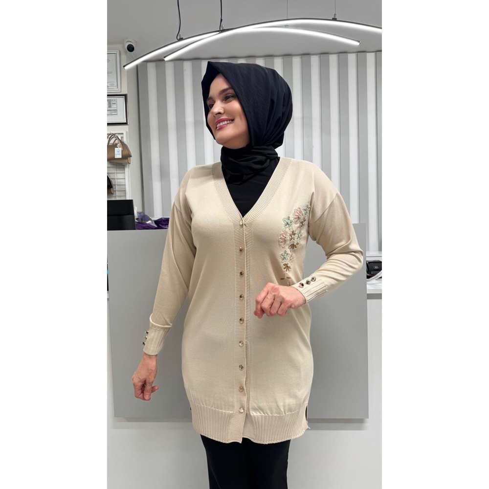 Taşlı Çiçek Desenli Merserize Hırka 3280 - Bej - TEK BEDEN - AZRA07082-56785