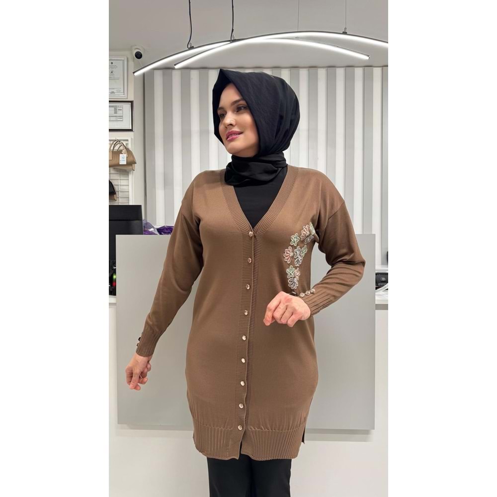 Taşlı Çiçek Desenli Merserize Hırka 3280 - Kahve Rengi - TEK BEDEN - AZRA07082-56787