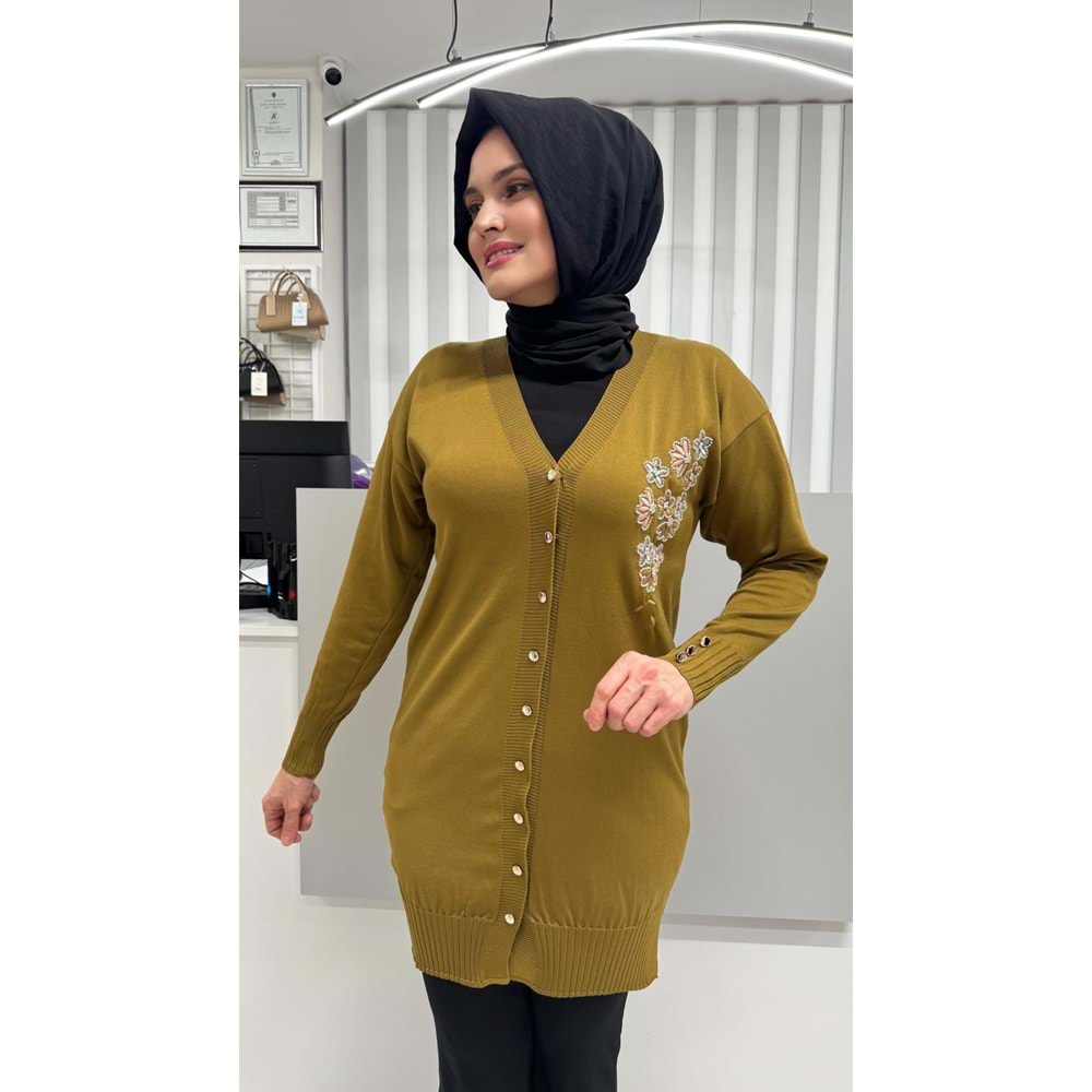 Taşlı Çiçek Desenli Merserize Hırka 3280 - Yağ Yeşili - TEK BEDEN - AZRA07082-56791