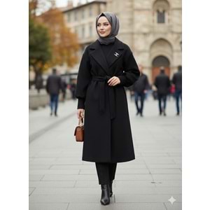 Broşlu Kaşe Kaban 140136 - Siyah - TEK BEDEN