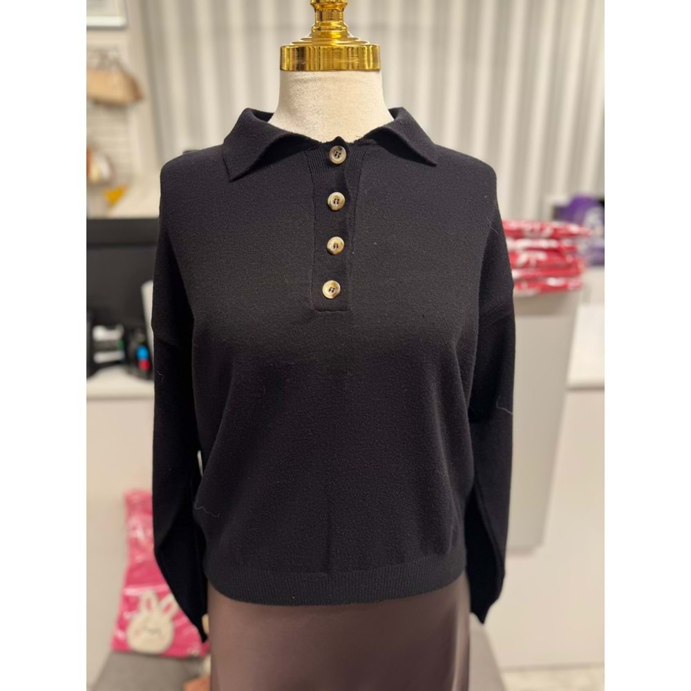 Yakalı Düğmeli Kazak 12325 - Siyah - TEK BEDEN - AZRA07253-Siyah-TEK BEDEN