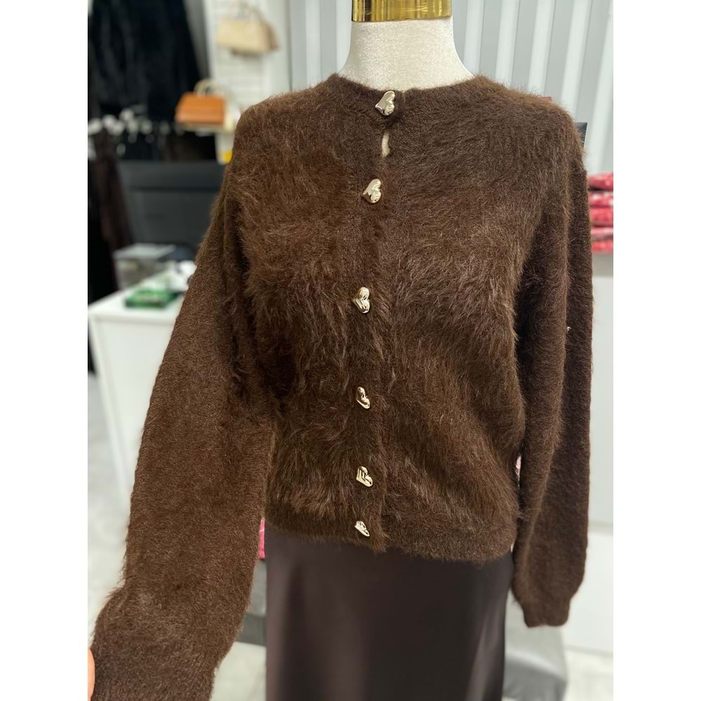 Kalp Düğmeli Yumoş Hırka 25502 - Acı Kahve - TEK BEDEN - AZRA07264-Acı Kahve-TEK BEDEN