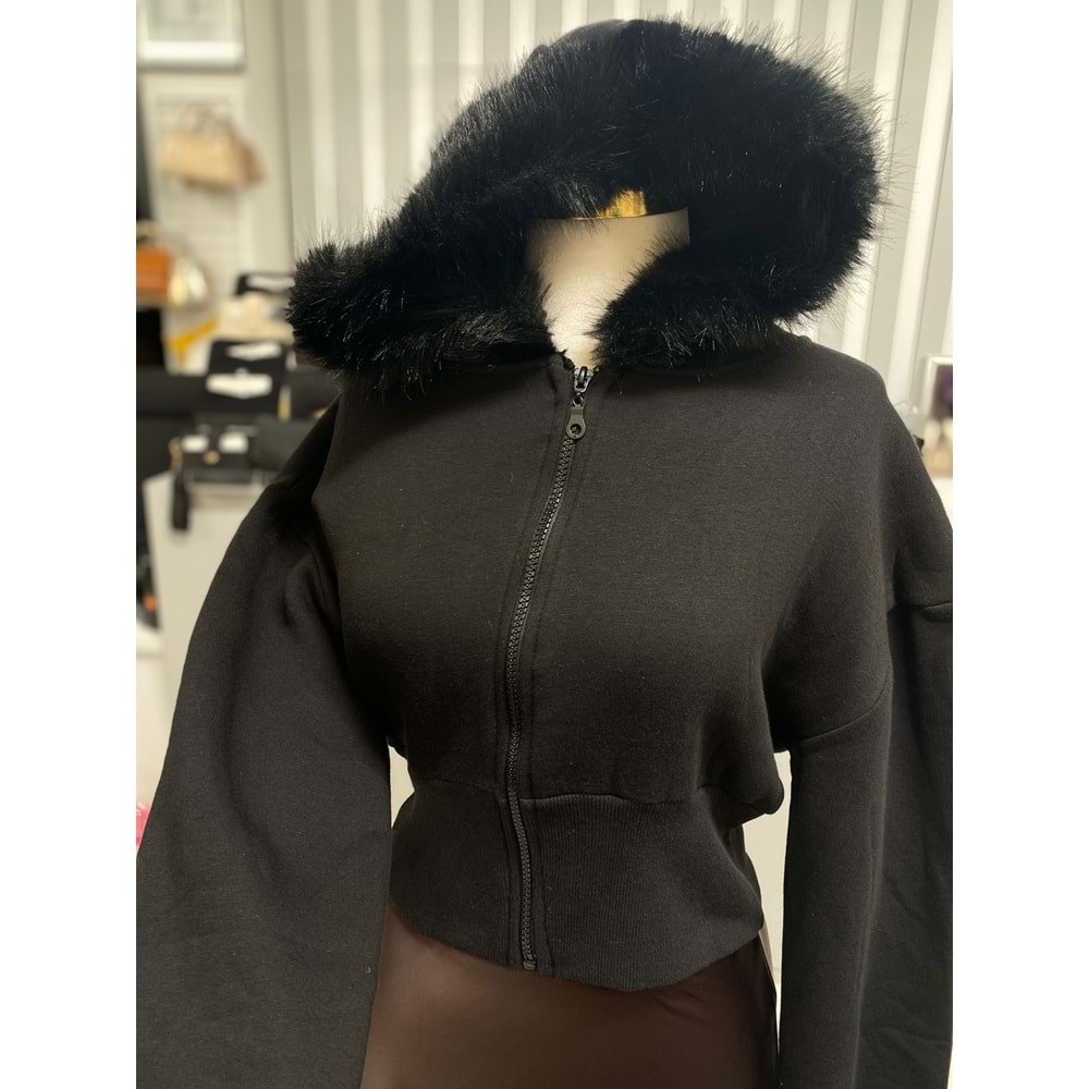 Kapşonlu Tüylü Hırka 10501 - Siyah - S - AZRA07360-Siyah-S