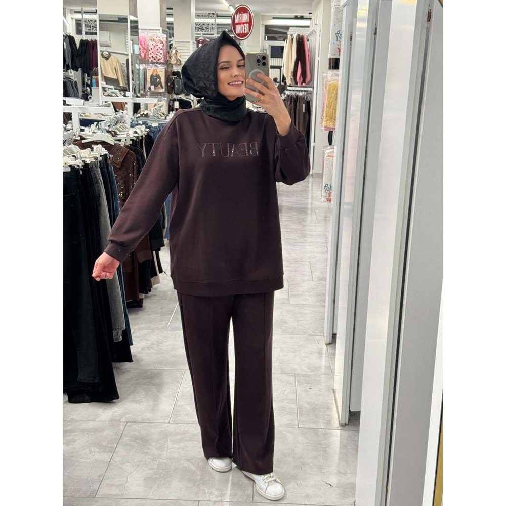 Tona Ton Baskı Ve Taşlı Takım 35790 - Acı Kahve - M - AZRA07386-Acı Kahve-M