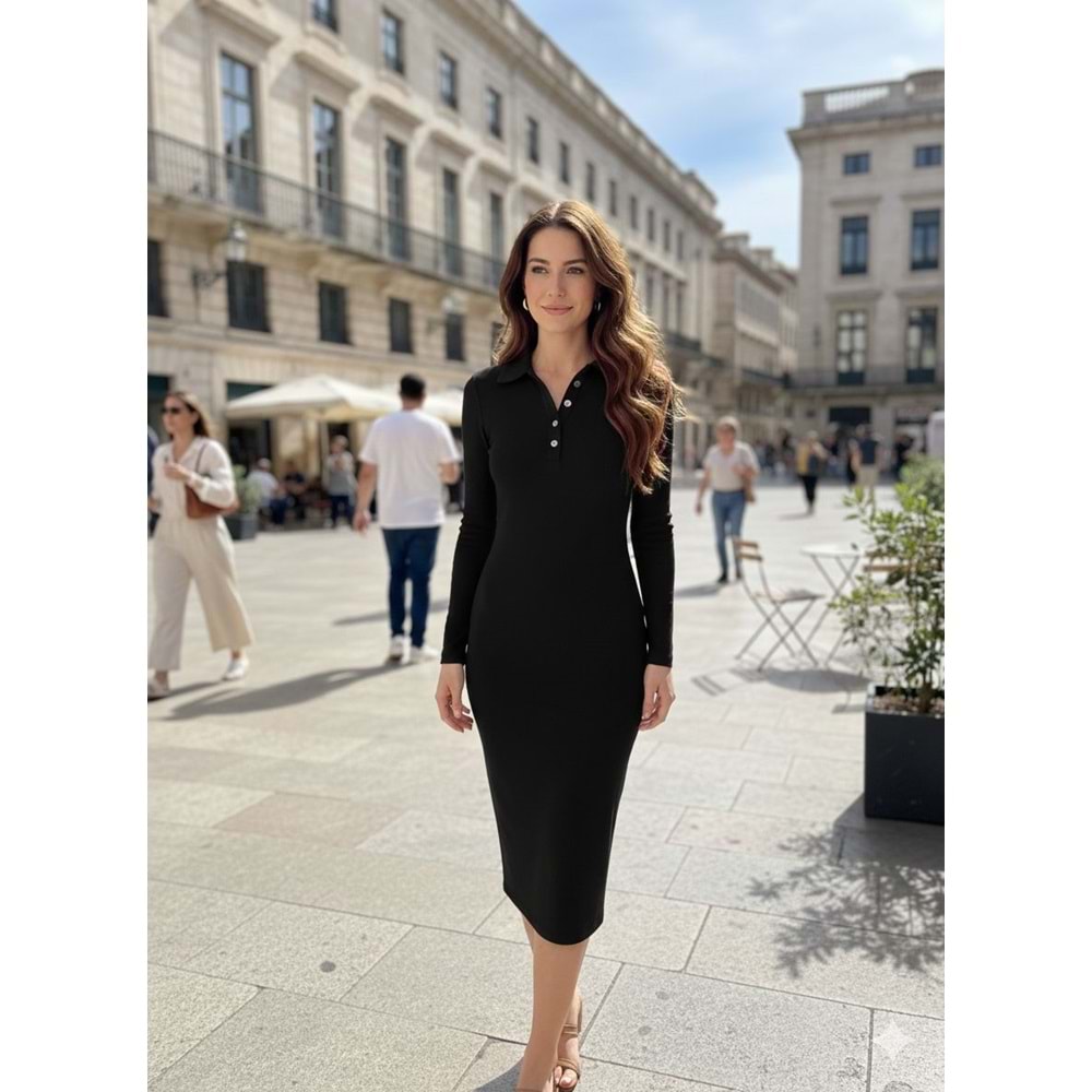 Polo Yaka Midi Elbise 1005258 - Siyah - L - AZRA07605-59752