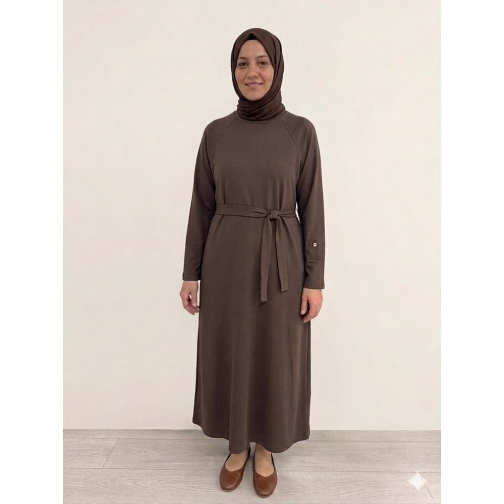 Beli Kuşaklı Oysho Elbise 12671 - Acı Kahve - TEK BEDEN