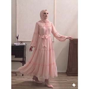 Şifon Fırfırlı Elbise 9886 - Toz Pembe - TEK BEDEN - AZRA08341-65465