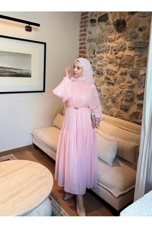 Kat Kat Büzgü Detaylı Elbise 91080 - Toz Pembe - TEK BEDEN - AZRA08342-65471