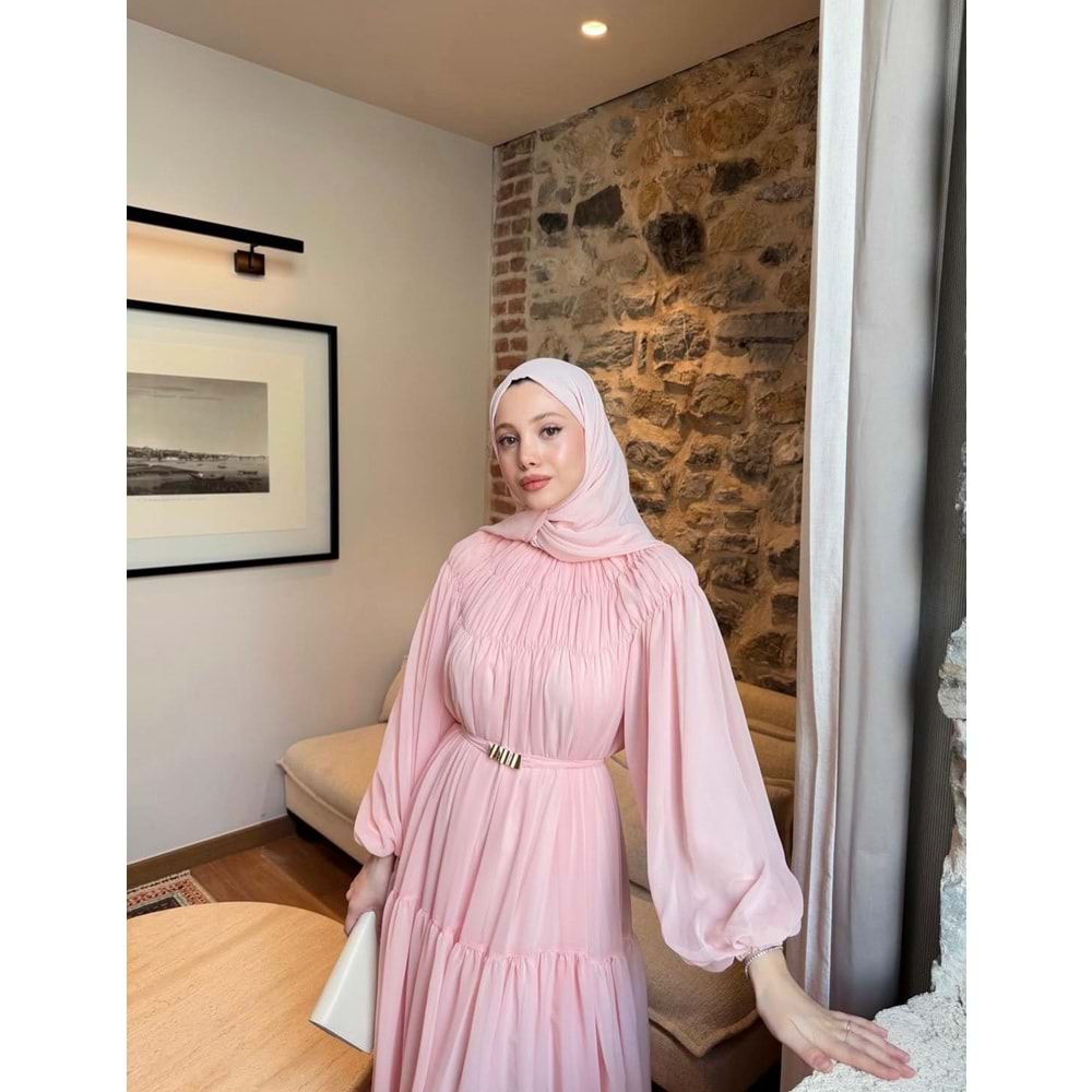 Kat Kat Büzgü Detaylı Elbise 91080 - Toz Pembe - TEK BEDEN - AZRA08342-65471