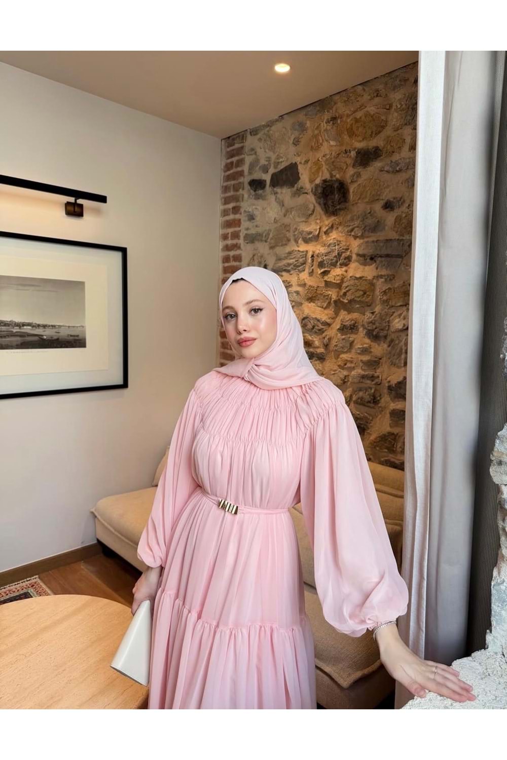 Kat Kat Büzgü Detaylı Elbise 91080 - Toz Pembe - TEK BEDEN - AZRA08342-65471