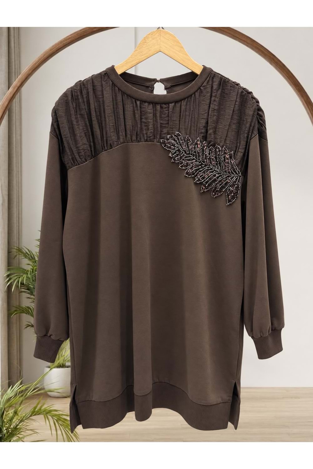 Çiçek Detaylı Tunik 10817 - Acı Kahve - S-M