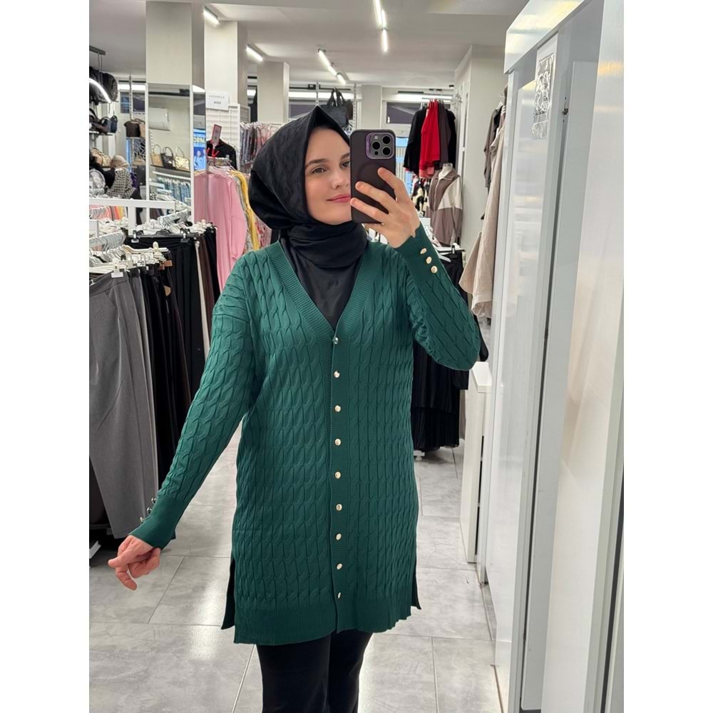 Saç Örgülü Merserize Hırka 3352 - Zümrüt Yeşili - TEK BEDEN