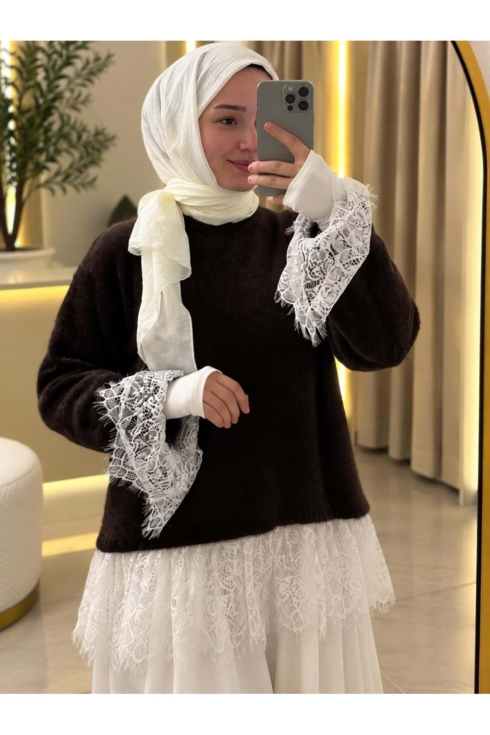 Eteği Ve Kolları Dantel Detaylı Kazak 26738 - Acı Kahve - TEK BEDEN
