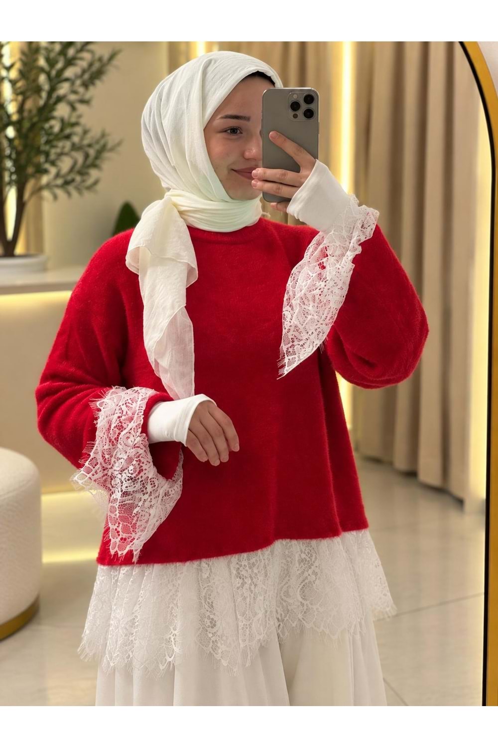 Eteği Ve Kolları Dantel Detaylı Kazak 26738 - Kırmızı - TEK BEDEN