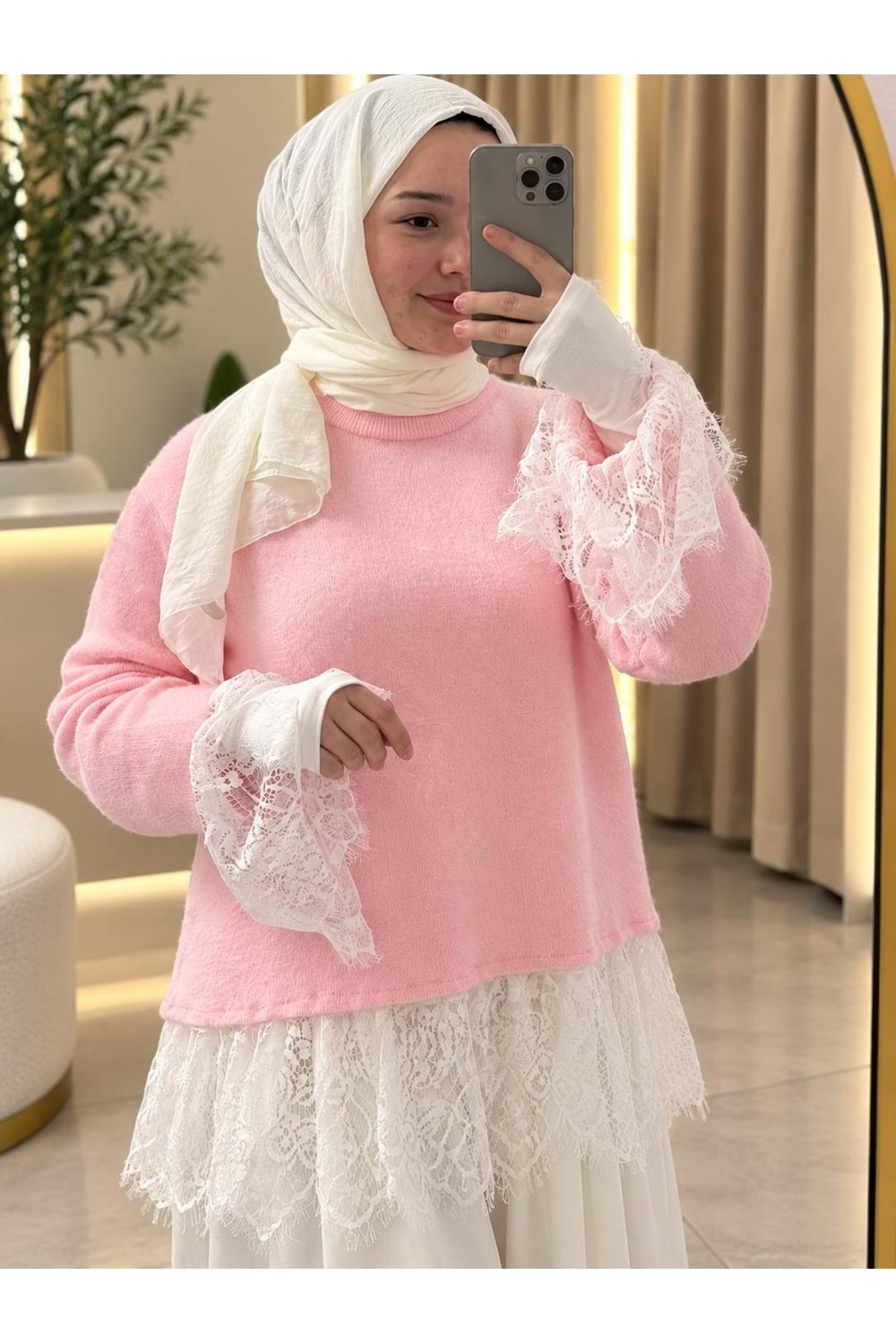 Eteği Ve Kolları Dantel Detaylı Kazak 26738 - Pembe - TEK BEDEN